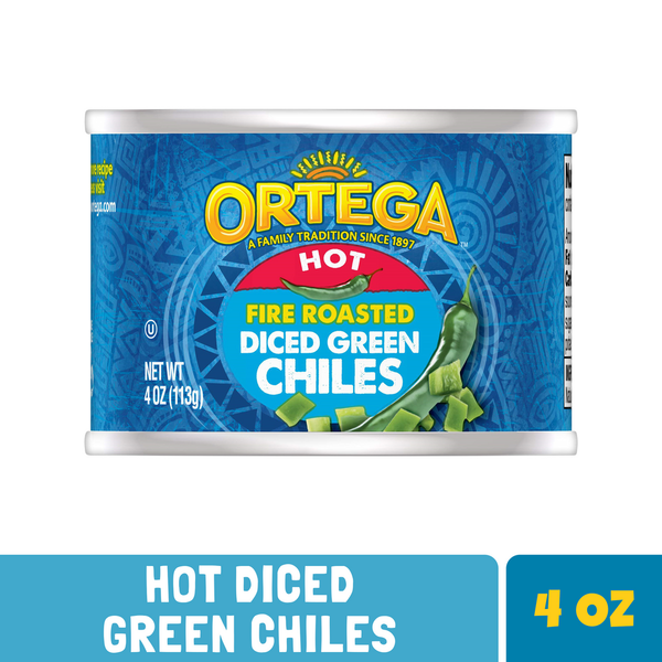 Latino Foods Ortega Hot Fire Roasted Diced Green Chiles, Kosher hero