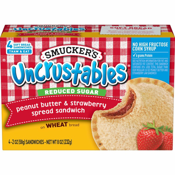 Frozen Appetizers & Sides Smucker's Uncrustables Reduced Sugar, Peanut Butter & Strawberry Spread Sandwich on Whole Wheat Bread hero