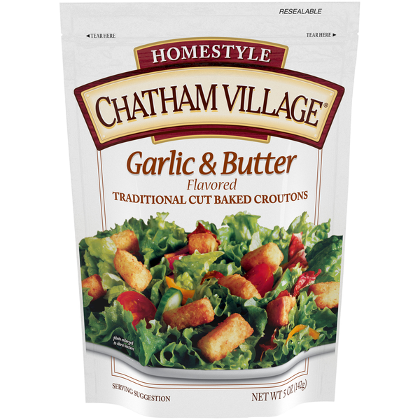 Salad Dressing, Oils & Vinegars Chatham Village Garlic & Butter Flavored Traditional Cut Baked Croutons hero