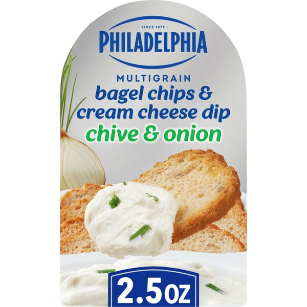 Chips & Pretzels Philadelphia Multigrain Bagel Chips & Chive & Onion Cream Cheese Dip Snack hero