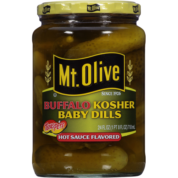 Pickled Goods & Olives Mt. Olive Pickles, Texas Pete Hot Sauce Flavored, Buffalo Kosher Baby Dills hero