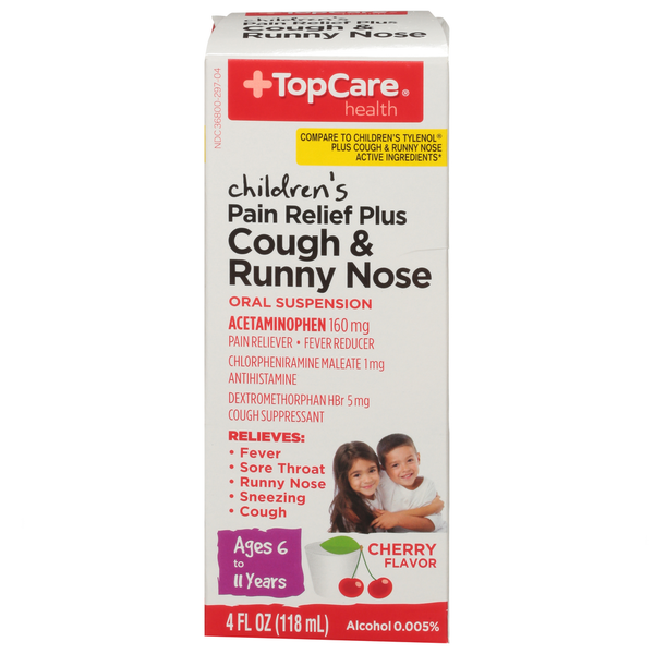 Cold, Flu & Allergy TopCare Pain Relief Plus, Cough & Runny Nose, Children's, Cherry Flavor hero