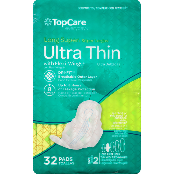 Feminine Care TopCare Pads, Ultra Thin, with Flexi-Wings, Long Super, Size 2 hero