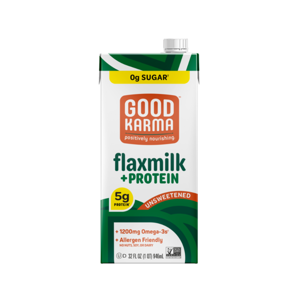 Nutmilk & Dairy Free Good Karma Flaxmilk, Unsweetened + Protein hero