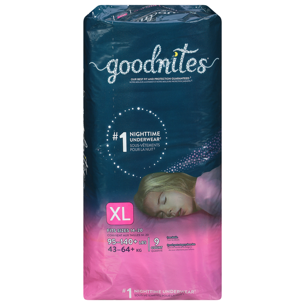 Goodnites Girls' Nighttime Bedwetting Underwear, Size Extra Large (95-140+ lbs) hero