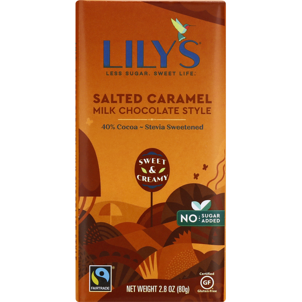 Candy & Chocolate Lily's Salted Caramel Flavored Milk Chocolate Style No Sugar Added Sweets hero