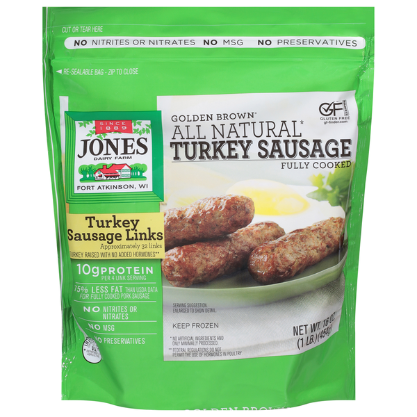 Jones Dairy Farm Turkey Sausage, All Natural, Golden Brown hero