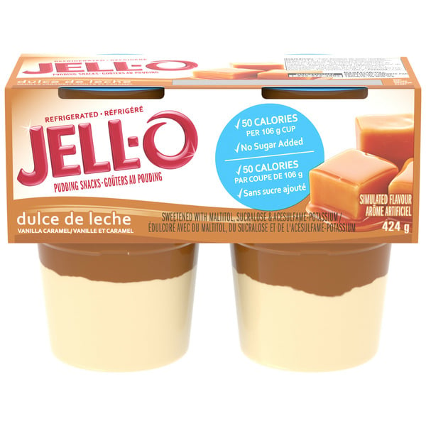 Refrigerated Pudding & Desserts Jell-O Dulce de Leche No Sugar Added Ready-to-Eat Refrigerated Pudding Cups Snack hero