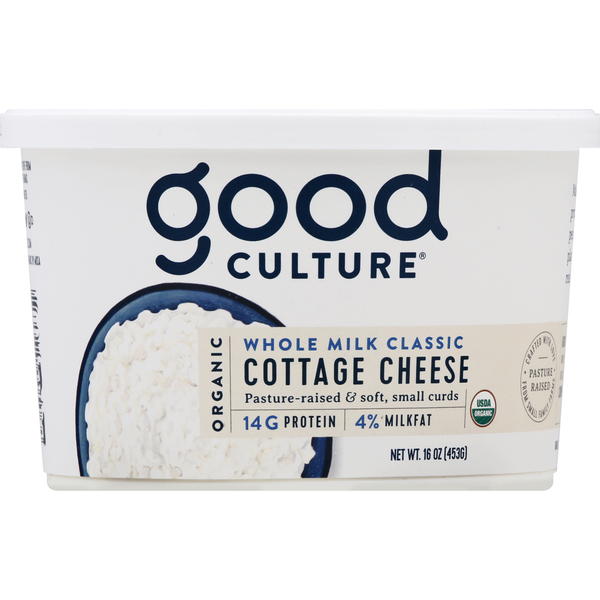 Packaged Cheese good culture Cottage Cheese, Small Curd, 4% Milkfat, Organic, Whole Milk Classic hero