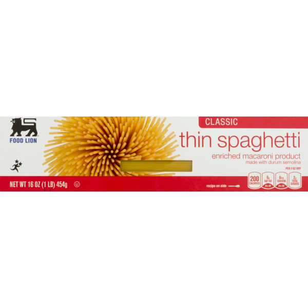 Dry Pasta Food Lion Spaghetti, Thin, Classic, Box hero