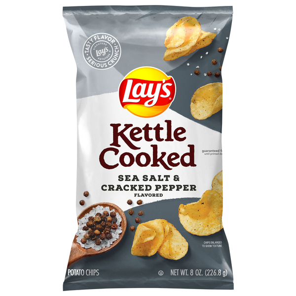 Chips & Pretzels Lay's Potato Chips, Kettle Cooked, Sea Salt & Cracked Pepper Flavored hero