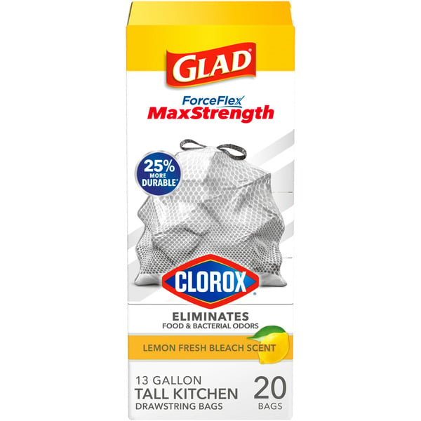 Glad ForceFlex MaxStrength with Clorox Trash Bags, 13 Gallon Grey, Lemon Fresh Bleach hero