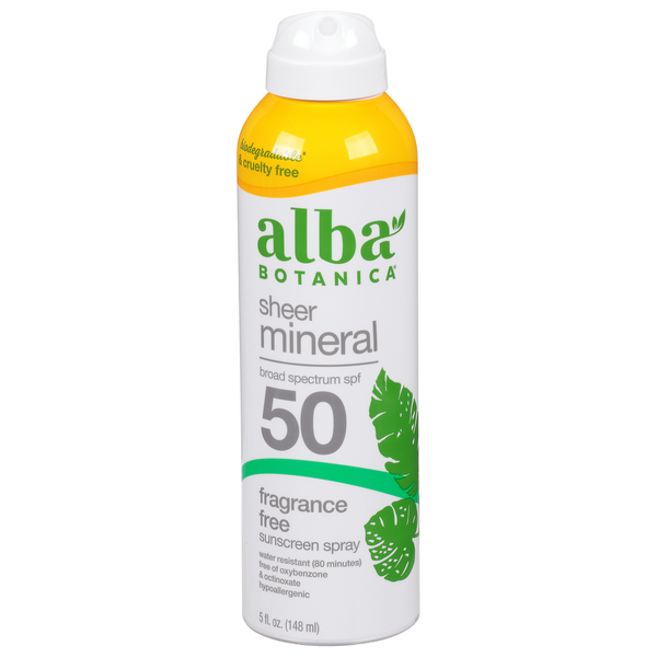 Alba Botanica Sunscreen Spray, Sheer Mineral, Fragrance Free, Broad Spectrum SPF 50 hero