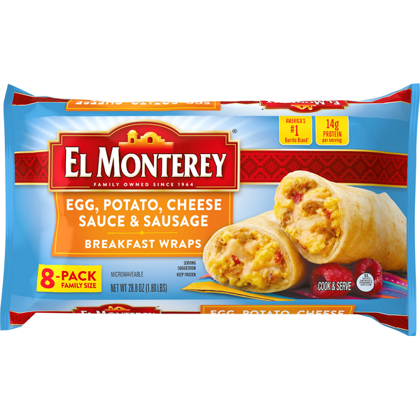 Frozen Breakfast El Monterey Egg, Potato, Cheese Sauce & Sausage Breakfast Wraps hero