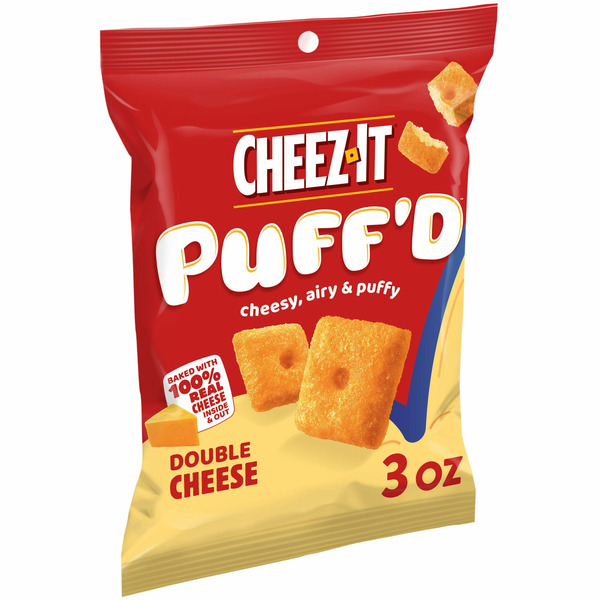 Crackers Cheez-It Puff'd Cheesy Baked Snacks, Puffed Snack Crackers, Kids Snacks, Double Cheese hero