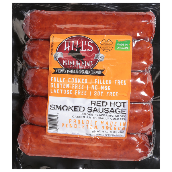 Hot Dogs, Bacon & Sausage Hills Premium Meats Sausage, Smoked, Red Hot hero