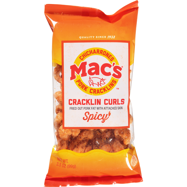 Chips & Pretzels Mac's Pork Cracklins, Spicy, Cracklin Curls hero