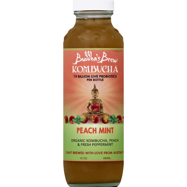 Refrigerated Buddha's Brew Kombucha, Peach Mint hero