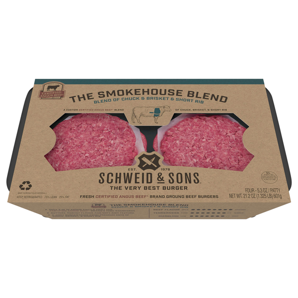 Schweid & Sons Beef Burgers, Fresh Ground, 75%/25%, The Smokehouse Blend hero