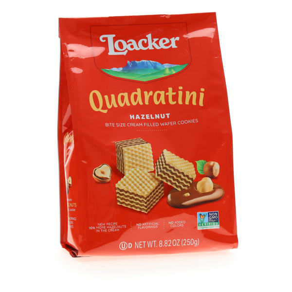 Cookies & Cakes Loacker Quadratini Hazelnut, NON-GMO Bite-size Wafer Cookie hero