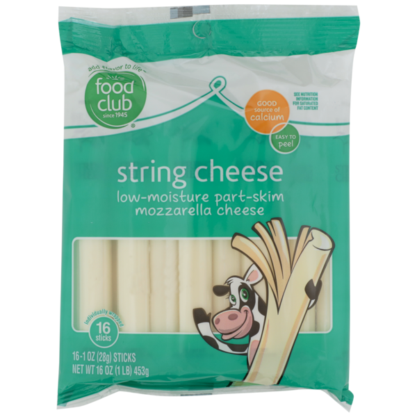 Packaged Cheese Food Club Low-Moisture Part-Skim Mozzarella String Cheese hero