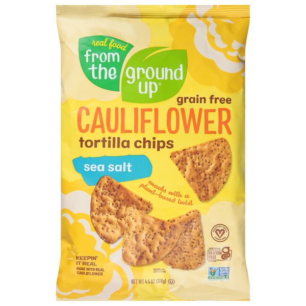 Chips & Pretzels Real Food From the Ground Up Tortilla Chips, Cauliflower, Grain Free, Sea Salt hero