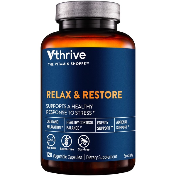 Energy & Stress Support The Vitamin Shoppe Vthrive Relax & Restore Supports a Healthy Response to Stress Vegetarian Capsules hero