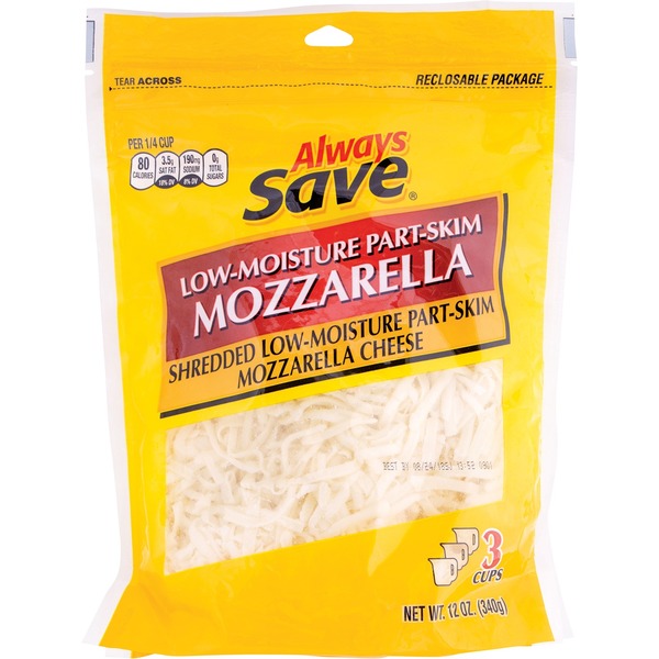 Specialty Cheeses Always Save Shredded Low-moisture Part-skim Mozzarella Cheese hero