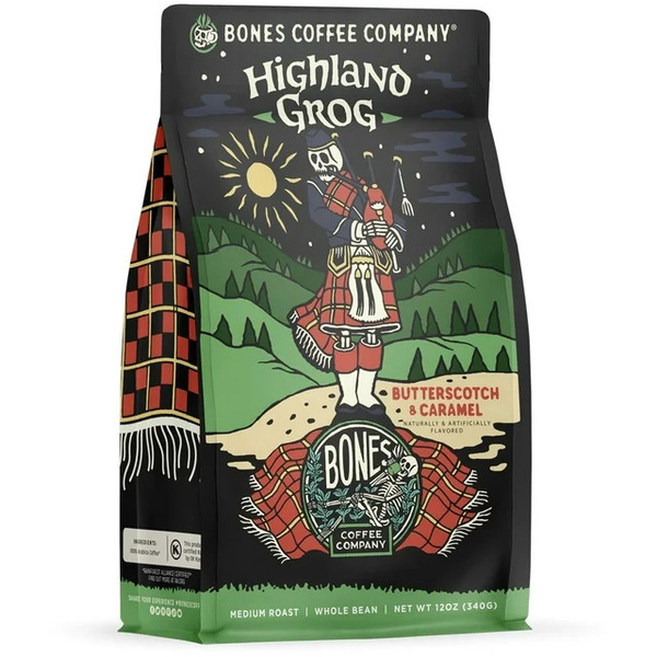 Coffee Bones Coffee Co. Highland Grog Butterscotch and Caramel Flavored Ground Coffee hero