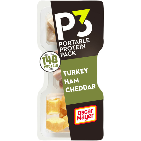 Packaged Lunchmeat P3 Portable Protein Snack Pack Lunch with Turkey, Ham & Cheddar Cheese hero