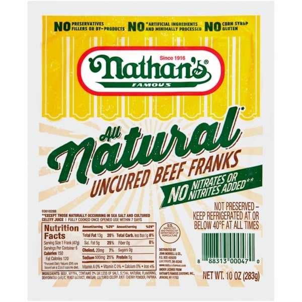 Hot Dogs, Bacon & Sausage Nathan’s Famous All Natural Uncured Beef Franks hero