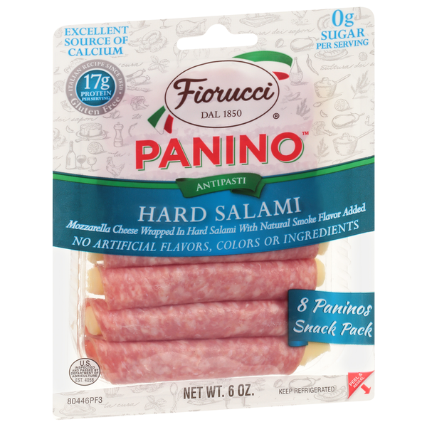 Lunch Meat Fiorucci Hard Salami Wrapped Mozzarella Cheese Panino,  Easy to Open Packets,  Resealable Package hero