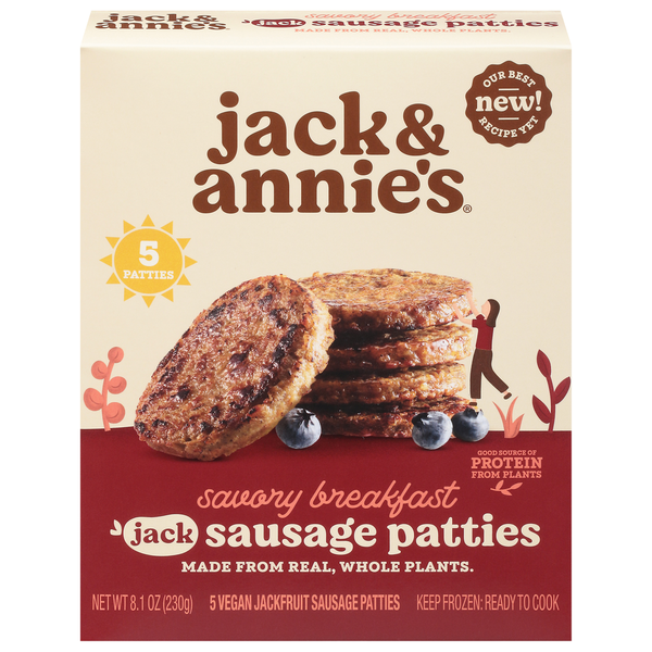 Frozen Breakfast jack & annie's Jackfruit Sausage Patties, Vegan, Savory Breakfast hero