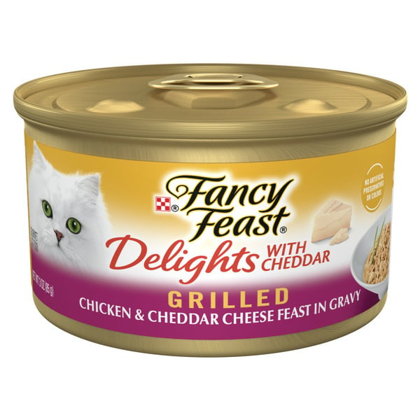 Cat Food Fancy Feast Dishware Delights Grilled Chicken & Cheddar Cheese Feast in Gravy hero