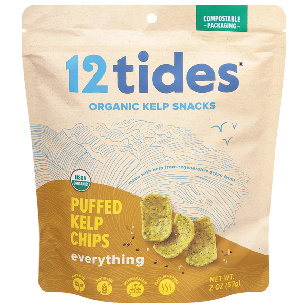 Chips & Pretzels 12 Tides Kelp Chips, Puffed, Everything hero