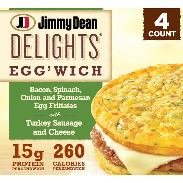 Frozen Breakfast Jimmy Dean Egg’wich Breakfast Sandwiches with Bacon, Spinach, Caramelized Onions hero