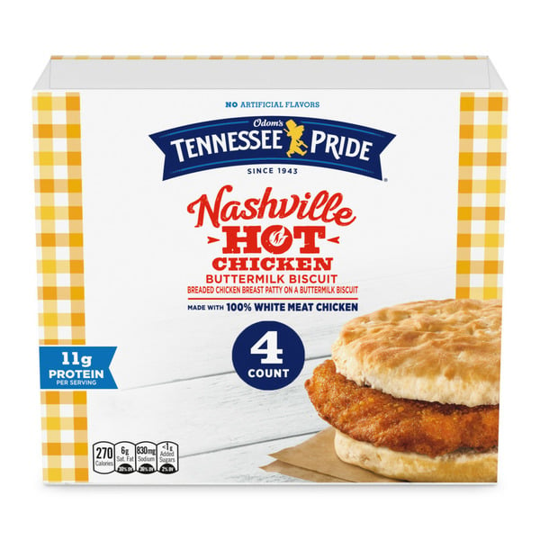 Frozen Breakfast Odom's Tennessee Pride Nashville Hot Chicken and Buttermilk Biscuits, Frozen Breakfast Sandwiches hero