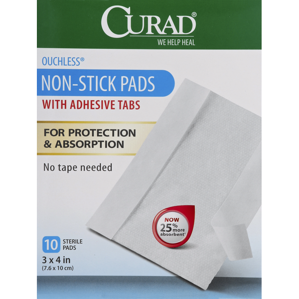 First Aid CURAD Pads, Non-Stick, Ouchless, with Adhesive Tabs hero