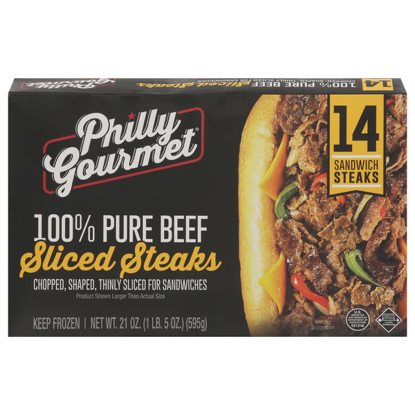 Frozen Meat & Seafood Philly Gourmet Sliced Steaks, 100% Pure Beef, Chopped, Shaped, Thinly Sliced hero