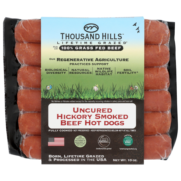 Hot Dogs, Bacon & Sausage Thousand Hills Lifetime Grazed Uncured Beef Hot Dogs 1.66 Oz (8 Units @ 10 Oz) hero