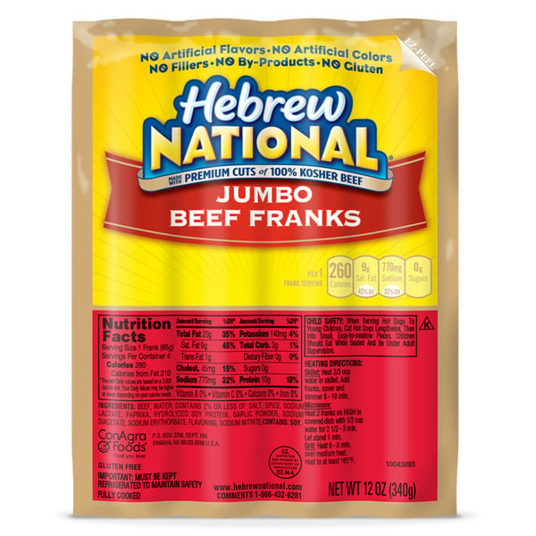 Hot Dogs & Bacon Hebrew National Kosher Jumbo Beef Franks Hot Dogs hero