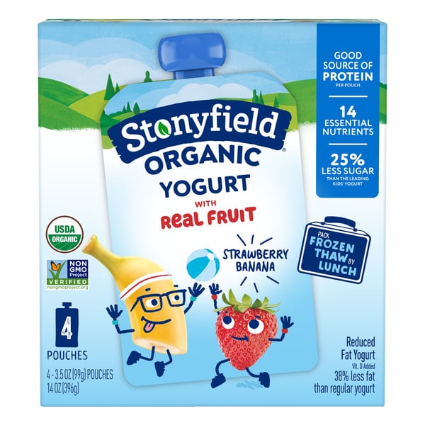 Stonyfield Organic Reduced Fat Yogurt Pouches Strawberry Banana hero