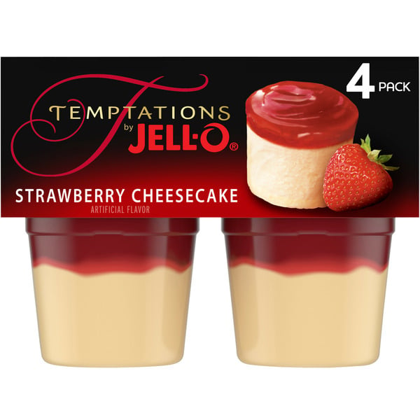 Refrigerated Pudding & Desserts Jell-O Strawberry Ready-to-Eat Cheesecake Snack Cups hero