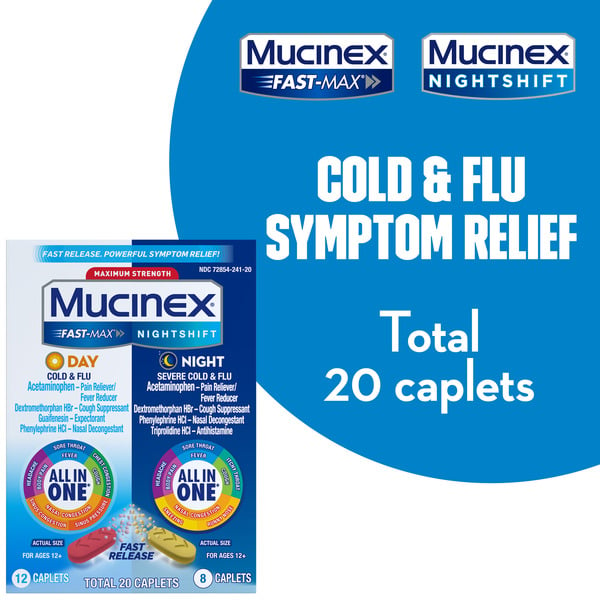 Cold, Flu & Allergy Mucinex Max Strength Fast-Max Day Cold & Flu & Nightshift Night Severe Cold & Flu hero