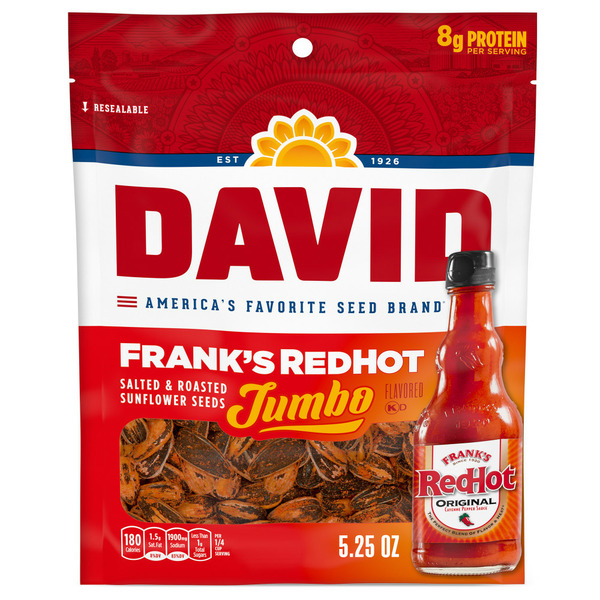 DAVID Frank's RedHot Flavored Salted & Roasted Jumbo Sunflower Seeds hero