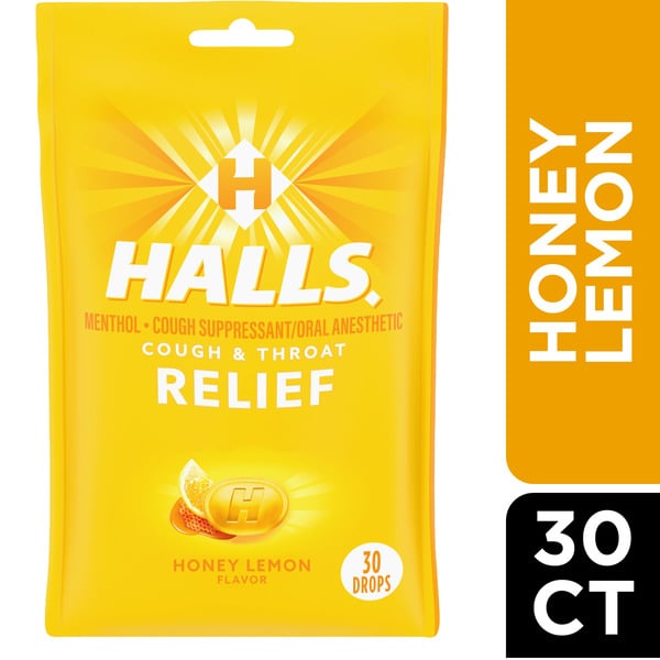 Cold, Flu & Allergy Halls Relief Honey Lemon Cough Suppressant/Oral Anesthetic Menthol Drops hero