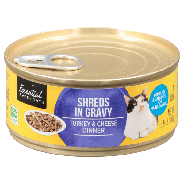 Cat Food & Care Essential Everyday Cat Food, Turkey & Cheese Dinner, Shreds in Gravy hero