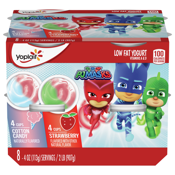 Yogurt Yoplait Yogurt, Low Fat, Cotton Candy/Strawberry, PJ Masks hero