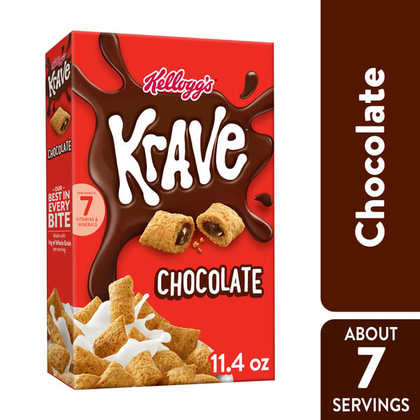 Cereal Kellogg's Krave Cold Breakfast Cereal, 7 Vitamins and Minerals, Made with Whole Grain, Chocolate hero