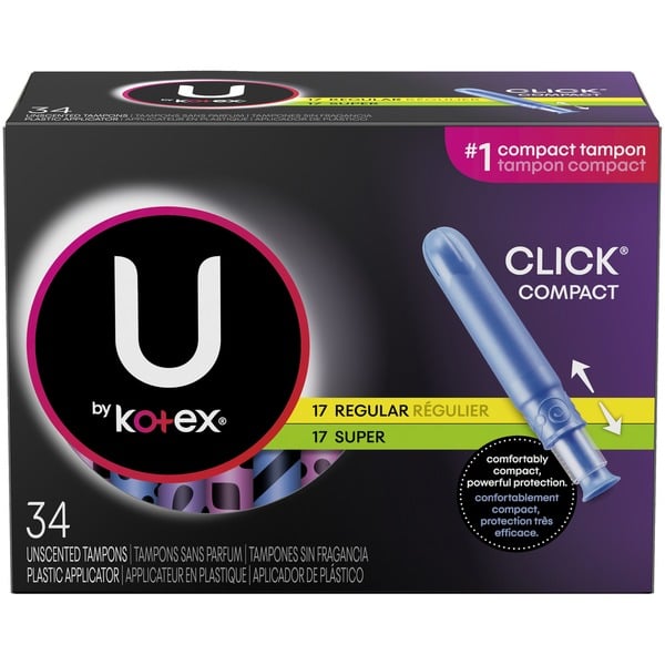 Feminine Care U by Kotex Click Compact Tampons, Multipack, Regular/Super Absorbency, Unscented, 34 Count hero